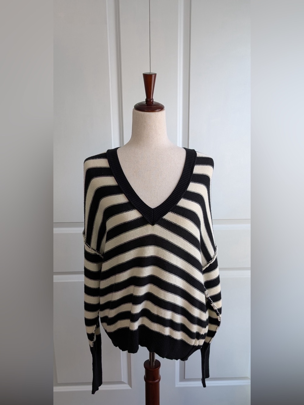 NSF Oversized Striped V-Neck Cotton Sweater Size Small in Black & Ivory
